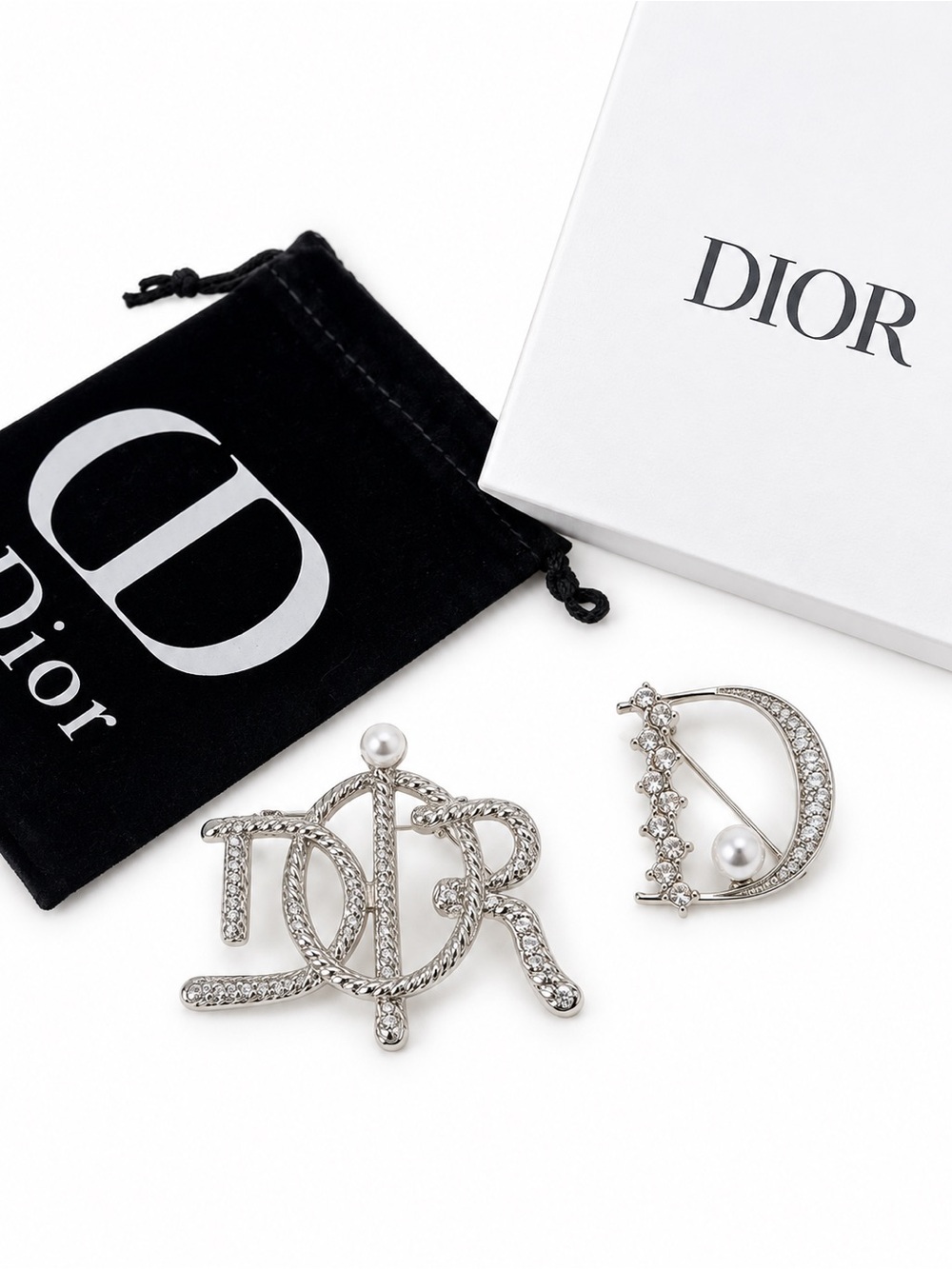 2 Piece Dior Silver Crystal Pearl Brooch Set